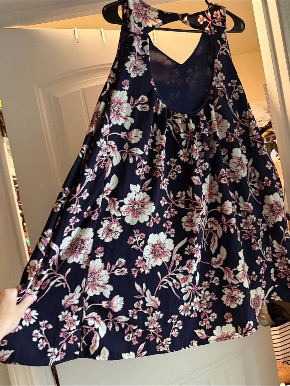 Navy Floral Swing Dress with Pink & Cream Blooms - Picture 2 of 2